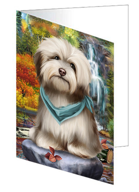 Scenic Waterfall Havanese Dog Handmade Artwork Assorted Pets Greeting Cards and Note Cards with Envelopes for All Occasions and Holiday Seasons GCD52364
