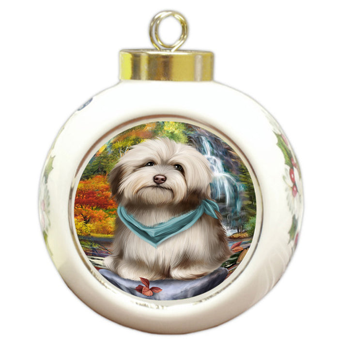 Scenic Waterfall Havanese Dog Round Ball Christmas Ornament RBPOR49479