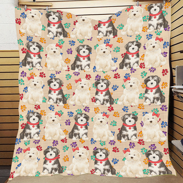 Rainbow Paw Print Havanese Dogs Red Quilt