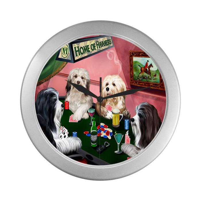 Home of Havanese Dogs Playing Poker Silver Wall Clocks