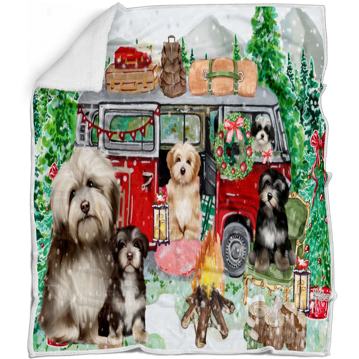 Christmas Time Camping with Havanese Dogs Blanket - Lightweight Soft Cozy and Durable Bed Blanket - Animal Theme Fuzzy Blanket for Sofa Couch