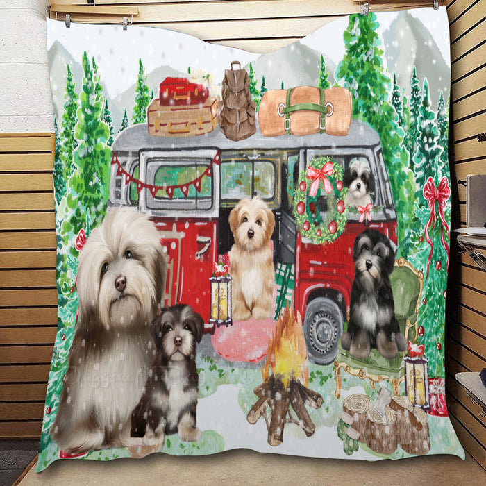 Christmas Time Camping with Havanese Dogs  Quilt Bed Coverlet Bedspread - Pets Comforter Unique One-side Animal Printing - Soft Lightweight Durable Washable Polyester Quilt