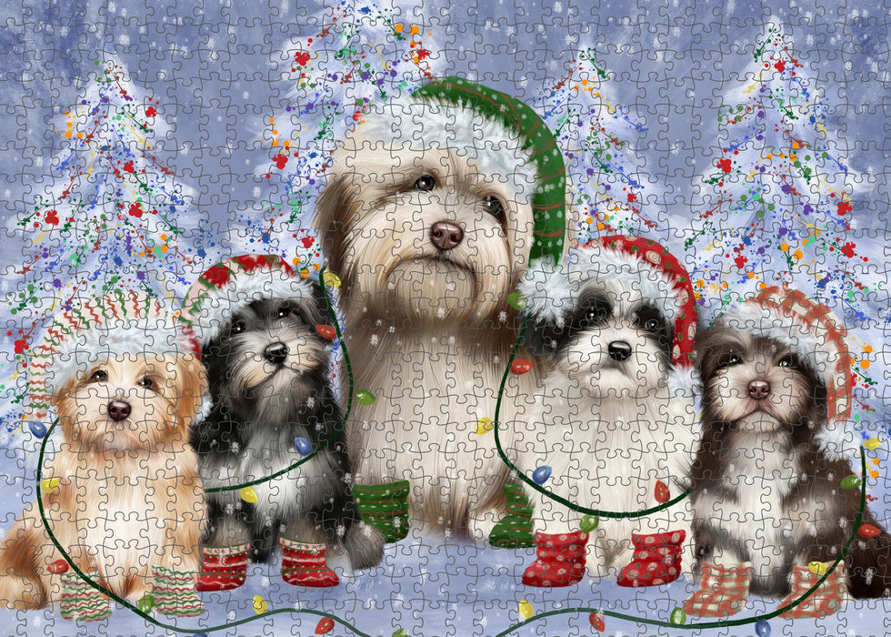 Christmas Lights and Havanese Dogs Portrait Jigsaw Puzzle for Adults Animal Interlocking Puzzle Game Unique Gift for Dog Lover's with Metal Tin Box