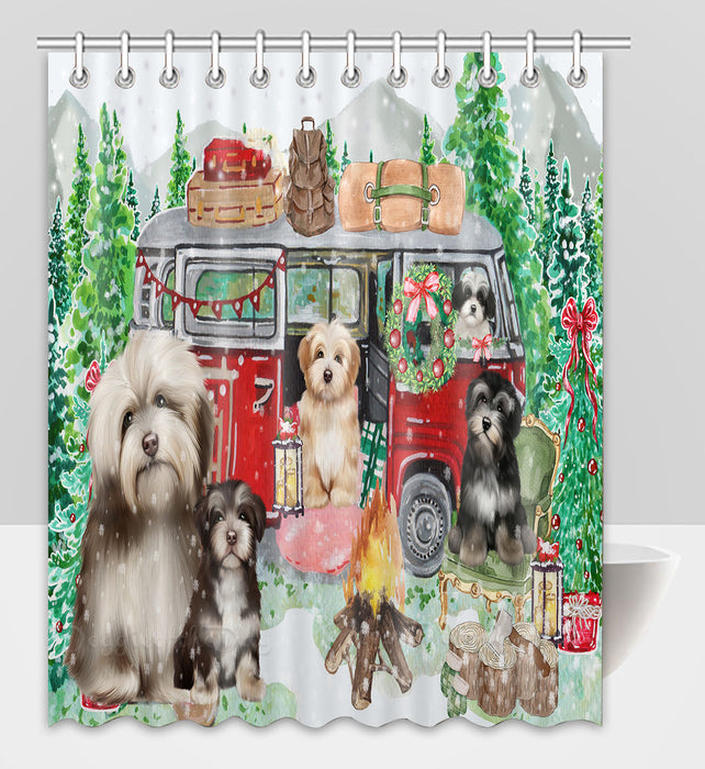 Christmas Time Camping with Havanese Dogs Shower Curtain Pet Painting Bathtub Curtain Waterproof Polyester One-Side Printing Decor Bath Tub Curtain for Bathroom with Hooks