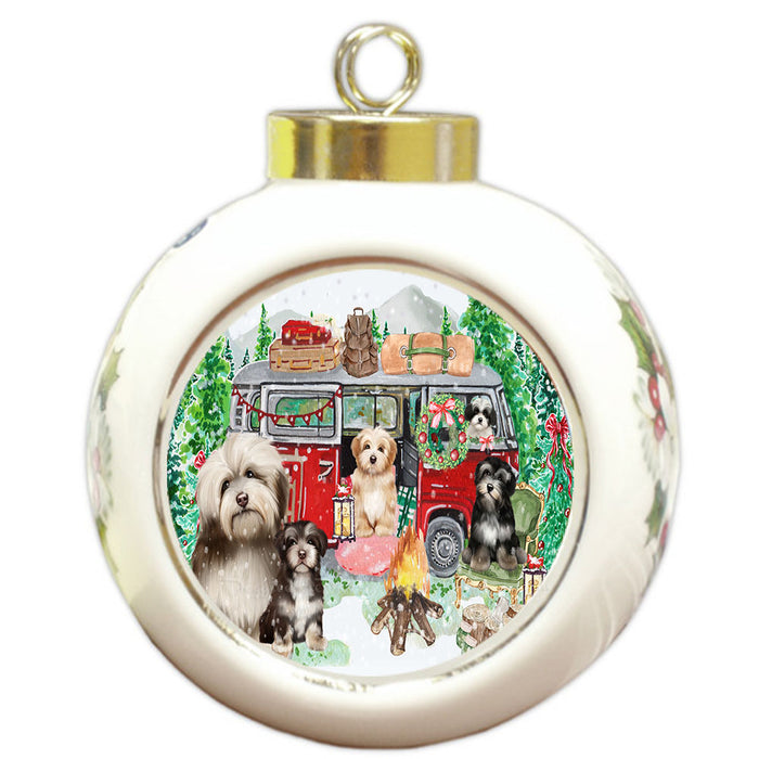 Christmas Time Camping with Havanese Dogs Round Ball Christmas Ornament Pet Decorative Hanging Ornaments for Christmas X-mas Tree Decorations - 3" Round Ceramic Ornament