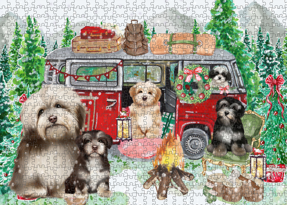 Christmas Time Camping with Havanese Dogs Portrait Jigsaw Puzzle for Adults Animal Interlocking Puzzle Game Unique Gift for Dog Lover's with Metal Tin Box