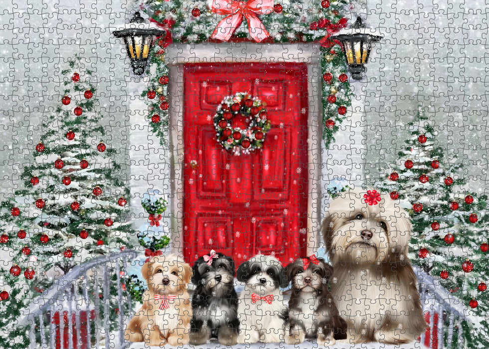 Christmas Holiday Welcome Havanese Dogs Portrait Jigsaw Puzzle for Adults Animal Interlocking Puzzle Game Unique Gift for Dog Lover's with Metal Tin Box