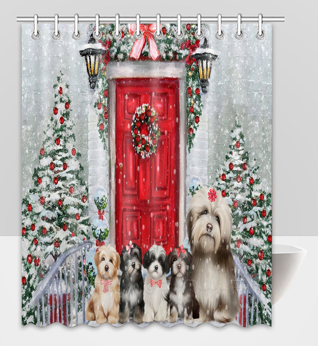 Christmas Holiday Welcome Havanese Dogs Shower Curtain Pet Painting Bathtub Curtain Waterproof Polyester One-Side Printing Decor Bath Tub Curtain for Bathroom with Hooks