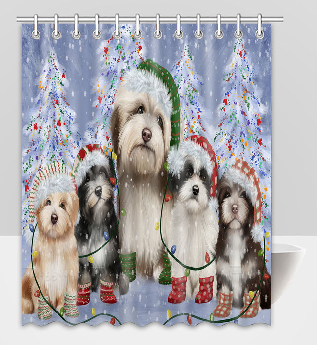 Christmas Lights and Havanese Dogs Shower Curtain Pet Painting Bathtub Curtain Waterproof Polyester One-Side Printing Decor Bath Tub Curtain for Bathroom with Hooks