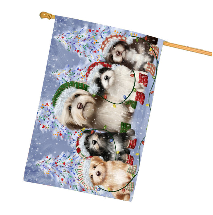 Christmas Lights and Havanese Dogs House Flag Outdoor Decorative Double Sided Pet Portrait Weather Resistant Premium Quality Animal Printed Home Decorative Flags 100% Polyester
