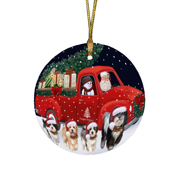 Christmas Express Delivery Red Truck Running Havanese Dogs Round Flat Christmas Ornament RFPOR57754