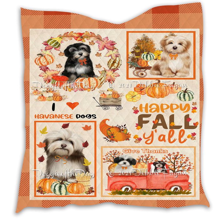 Happy Fall Y'all Pumpkin Havanese Dogs Quilt Bed Coverlet Bedspread - Pets Comforter Unique One-side Animal Printing - Soft Lightweight Durable Washable Polyester Quilt