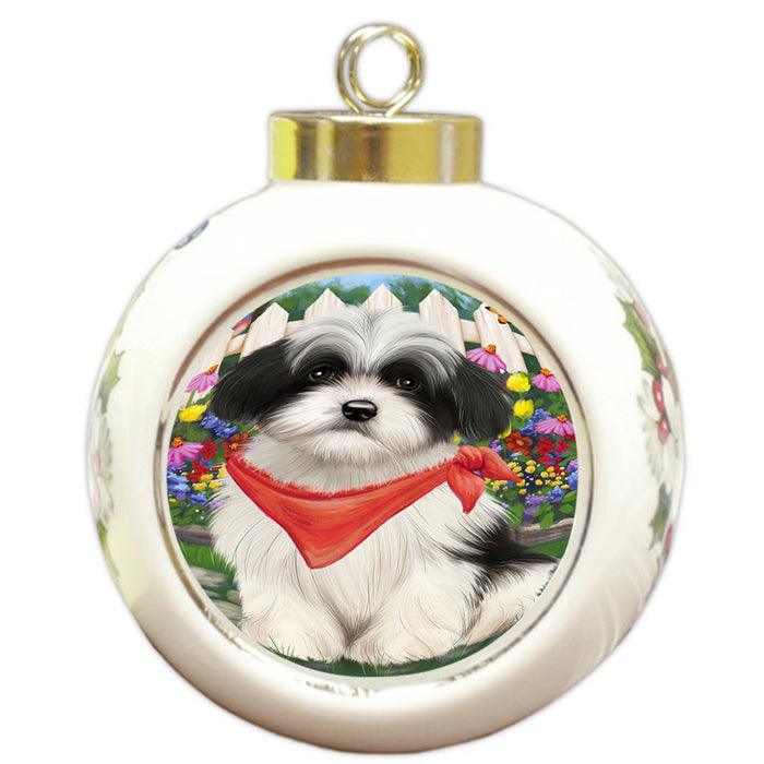Spring Floral Havanese Dog Round Ball Christmas Ornament RBPOR49892