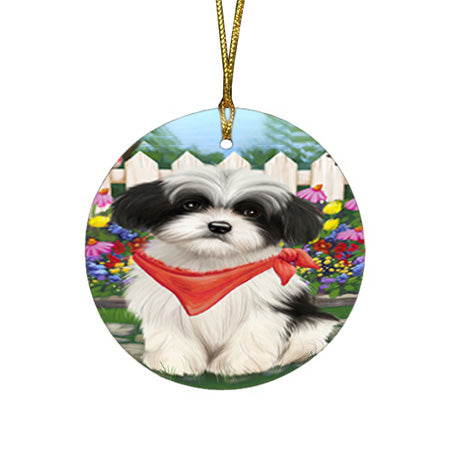 Spring Floral Havanese Dog Round Flat Christmas Ornament RFPOR49883