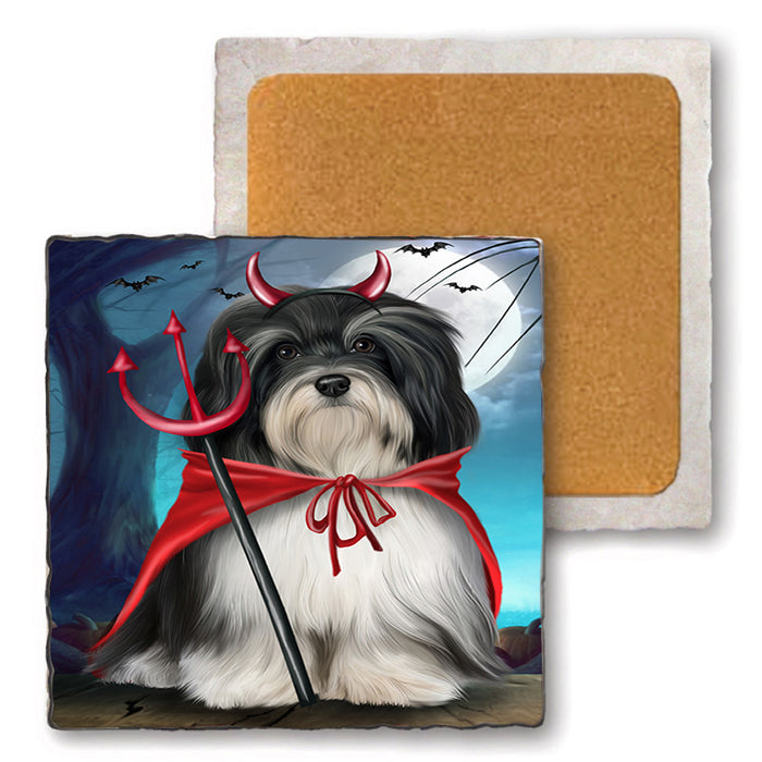 Happy Halloween Trick or Treat Havanese Dog Set of 4 Natural Stone Marble Tile Coasters MCST49500