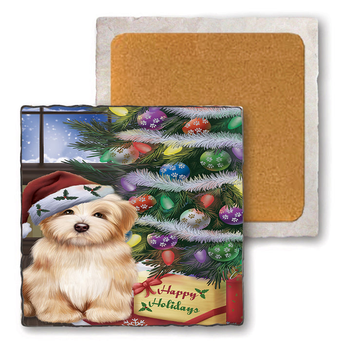Christmas Happy Holidays Havanese Dog with Tree and Presents Set of 4 Natural Stone Marble Tile Coasters MCST48834