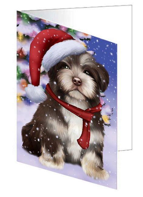 Winterland Wonderland Havanese Dog In Christmas Holiday Scenic Background  Handmade Artwork Assorted Pets Greeting Cards and Note Cards with Envelopes for All Occasions and Holiday Seasons GCD64214