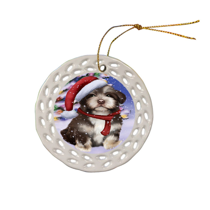 Winterland Wonderland Havanese Dog In Christmas Holiday Scenic Background  Ceramic Doily Ornament DPOR53395