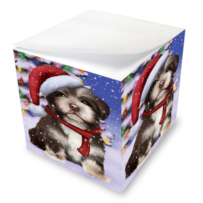 Winterland Wonderland Havanese Dog In Christmas Holiday Scenic Background Note Cube NOC53395