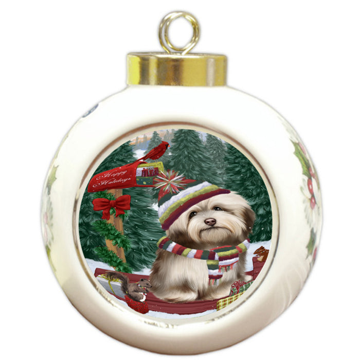 Merry Christmas Woodland Sled Havanese Dog Round Ball Christmas Ornament RBPOR55304