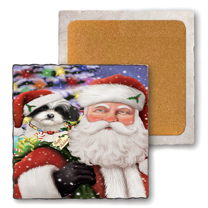 Santa Carrying Havanese Dog and Christmas Presents Set of 4 Natural Stone Marble Tile Coasters MCST48992