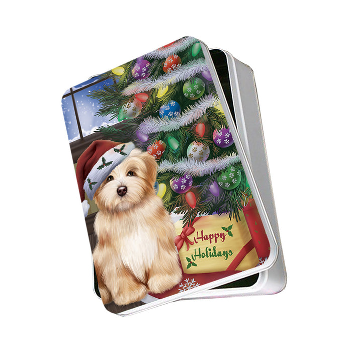 Christmas Happy Holidays Havanese Dog with Tree and Presents Photo Storage Tin PITN53777