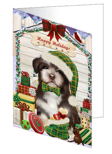 Happy Holidays Christmas Havanese Dog House with Presents Handmade Artwork Assorted Pets Greeting Cards and Note Cards with Envelopes for All Occasions and Holiday Seasons GCD58313