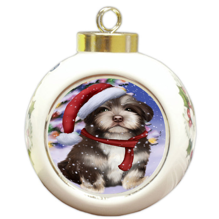 Winterland Wonderland Havanese Dog In Christmas Holiday Scenic Background  Round Ball Christmas Ornament RBPOR53395