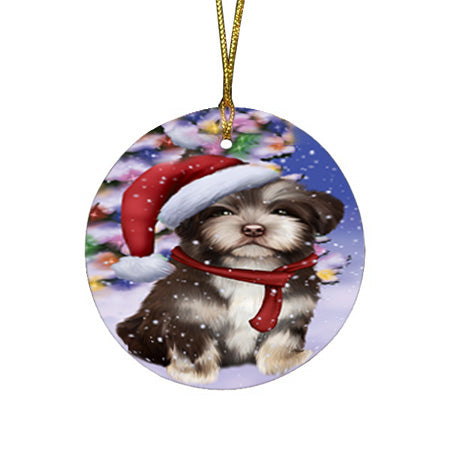 Winterland Wonderland Havanese Dog In Christmas Holiday Scenic Background  Round Flat Christmas Ornament RFPOR53386