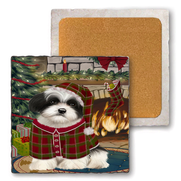 The Stocking was Hung Havanese Dog Set of 4 Natural Stone Marble Tile Coasters MCST50332