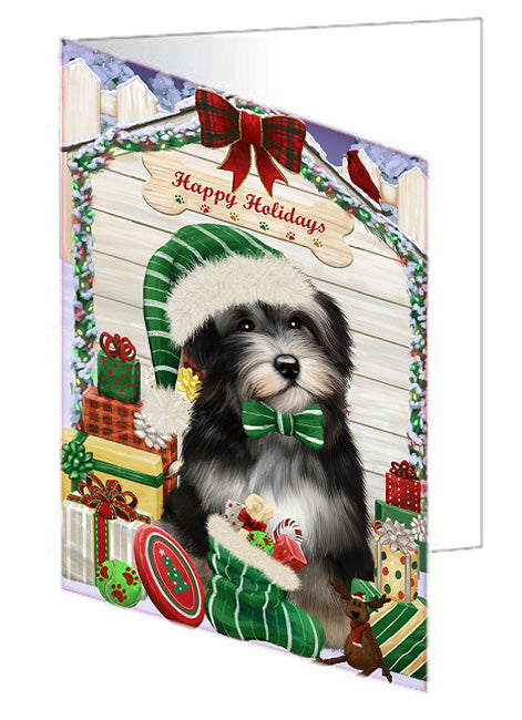 Happy Holidays Christmas Havanese Dog House with Presents Handmade Artwork Assorted Pets Greeting Cards and Note Cards with Envelopes for All Occasions and Holiday Seasons GCD58316