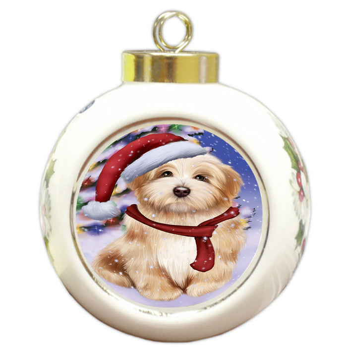 Winterland Wonderland Havanese Dog In Christmas Holiday Scenic Background  Round Ball Christmas Ornament RBPOR53396