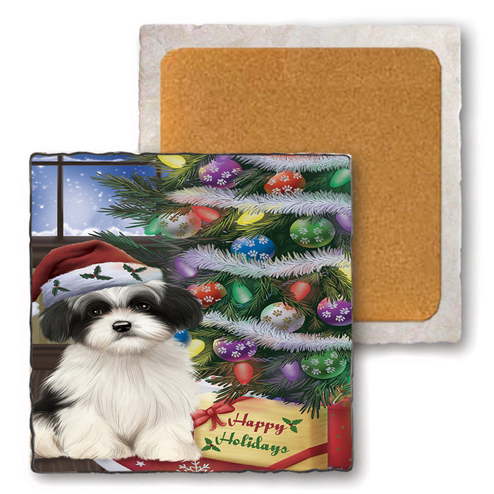 Christmas Happy Holidays Havanese Dog with Tree and Presents Set of 4 Natural Stone Marble Tile Coasters MCST48835