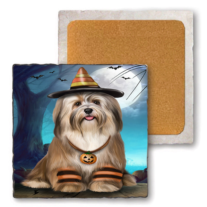 Happy Halloween Trick or Treat Havanese Dog Set of 4 Natural Stone Marble Tile Coasters MCST49501