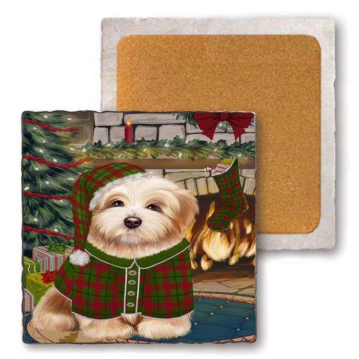 The Stocking was Hung Havanese Dog Set of 4 Natural Stone Marble Tile Coasters MCST50333