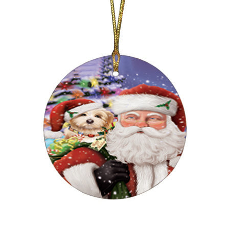 Santa Carrying Havanese Dog and Christmas Presents Round Flat Christmas Ornament RFPOR53984
