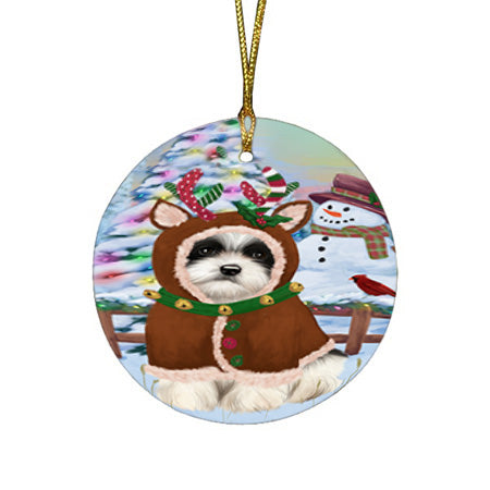 Christmas Gingerbread House Candyfest Havanese Dog Round Flat Christmas Ornament RFPOR56715