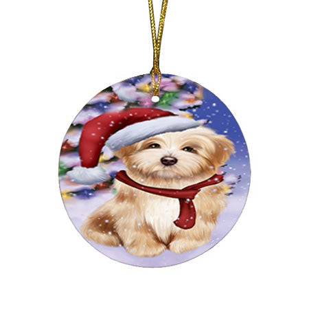 Winterland Wonderland Havanese Dog In Christmas Holiday Scenic Background  Round Flat Christmas Ornament RFPOR53387