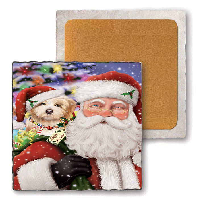 Santa Carrying Havanese Dog and Christmas Presents Set of 4 Natural Stone Marble Tile Coasters MCST48993