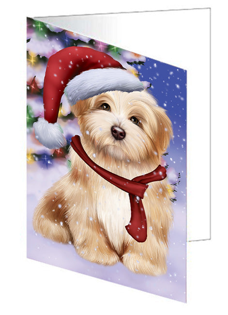 Winterland Wonderland Havanese Dog In Christmas Holiday Scenic Background  Handmade Artwork Assorted Pets Greeting Cards and Note Cards with Envelopes for All Occasions and Holiday Seasons GCD64217