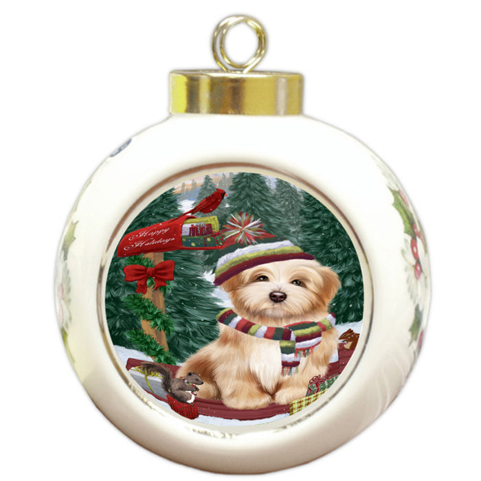 Merry Christmas Woodland Sled Havanese Dog Round Ball Christmas Ornament RBPOR55306