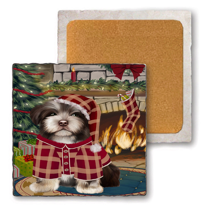 The Stocking was Hung Havanese Dog Set of 4 Natural Stone Marble Tile Coasters MCST50334