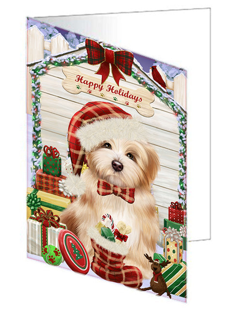Happy Holidays Christmas Havanese Dog House with Presents Handmade Artwork Assorted Pets Greeting Cards and Note Cards with Envelopes for All Occasions and Holiday Seasons GCD58319