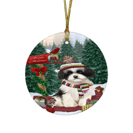 Merry Christmas Woodland Sled Havanese Dog Round Flat Christmas Ornament RFPOR55307