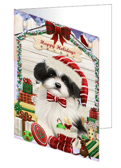 Happy Holidays Christmas Havanese Dog House with Presents Handmade Artwork Assorted Pets Greeting Cards and Note Cards with Envelopes for All Occasions and Holiday Seasons GCD58322