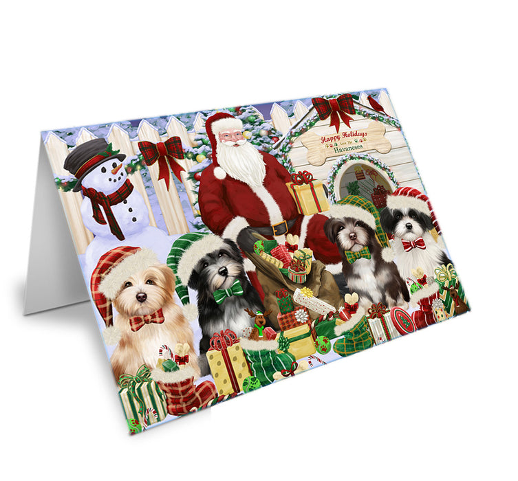 Happy Holidays Christmas Havaneses Dog House Gathering Handmade Artwork Assorted Pets Greeting Cards and Note Cards with Envelopes for All Occasions and Holiday Seasons GCD58394