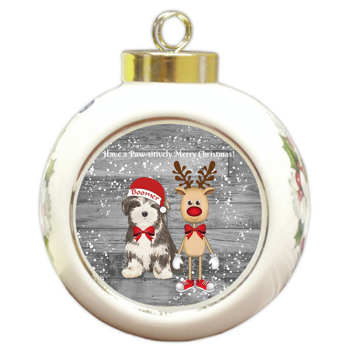Custom Personalized Havanese Dog Reindeer and Pooch Christmas Round Ball Ornament