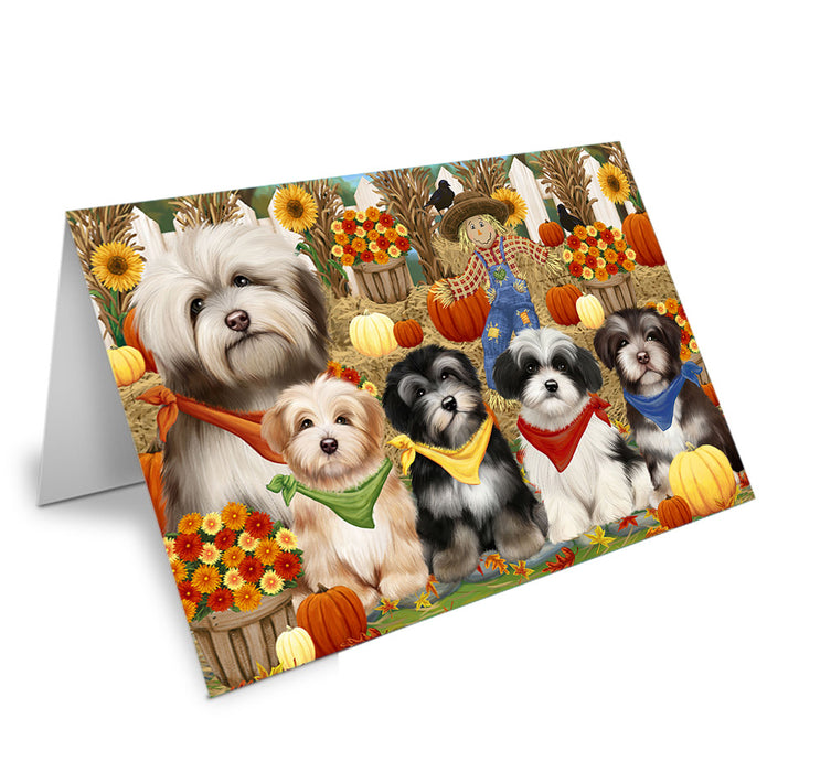 Fall Festive Gathering Havaneses Dog with Pumpkins Handmade Artwork Assorted Pets Greeting Cards and Note Cards with Envelopes for All Occasions and Holiday Seasons GCD55970