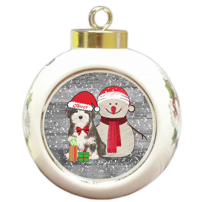 Custom Personalized Snowy Snowman and Havanese Dog Christmas Round Ball Ornament