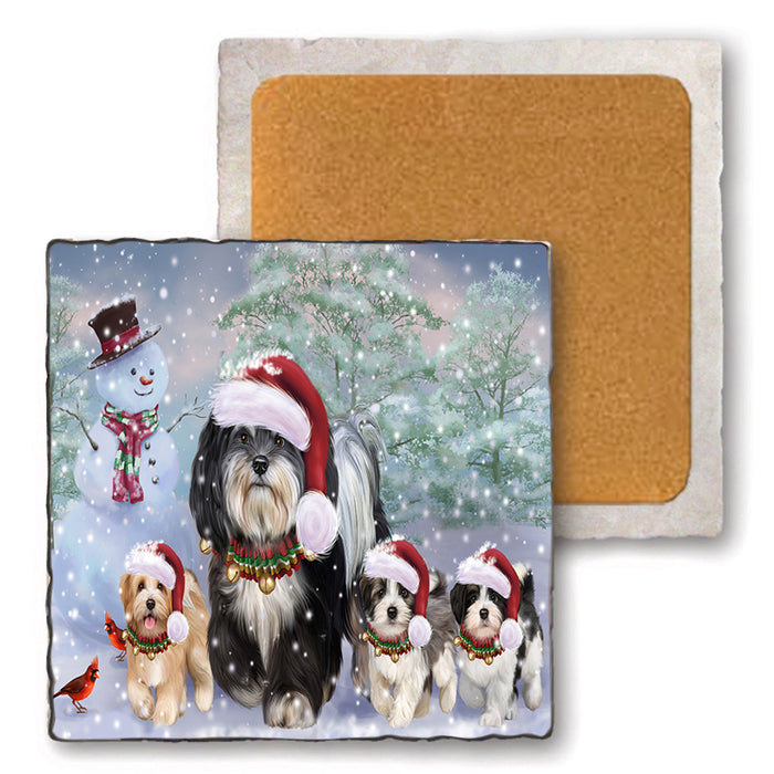 Christmas Running Family Havanese Dogs Set of 4 Natural Stone Marble Tile Coasters MCST52132